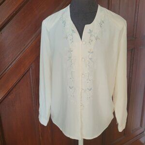 Laura Scott Petite Womens Embroidered Blouse 12P Ivory Long Sleeve Button-Up Pol